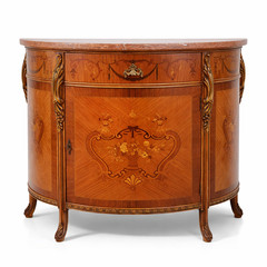 Antique Carved Inlaid Marble Top French Style Demilune Entryway Cabinet 1920’s