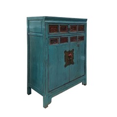 Chinese Vintage Carving Panel Tall Credenza Blue Storage Cabinet cs7515