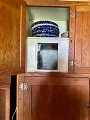 antique oak hoosier cabinet 69″ x 41.5″ with many accessories
