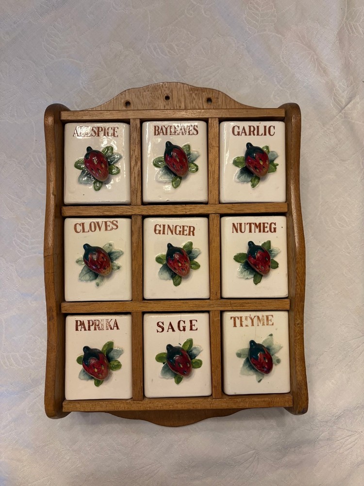 Antique Wood/Ceramic Apothecary Spice Cabinet 9 Labeled Drawers