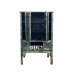 Vintage Distressed Teal Blue Oriental Carving Storage Cabinet ws4991