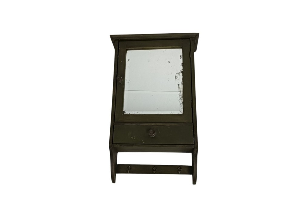 Antique Green Painted Wood Wall-Hanging Medicine Apothecary Cabinet with Beveled