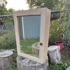 Antique Painted Beige/distressed Wood Wall Cabinet/medicine cabinet mirror Door