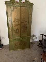 Antique Green Gold Painted Wood Cabinet Asian Motif Carvings 4 Doors 2 Drawers