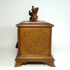 Antique Swiss Black Forest Hand Carved Wood Cigar Cabinet Box, Birds