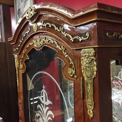 Ornate Burl Walnut French Style Display Cabinet With Brass Accents Glass Shelves