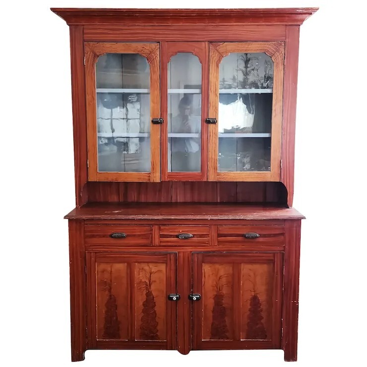American Stepback CUPBOARD, Hutch, c1875, Ohio, Bold Grain-Painted, 86″t, 56″w