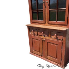 Antique Red painted 12 light primitive cupboard step back farm house country