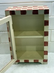 Cottage Core Painted Checkerboard Wall Cabinet with Rustic Wire Mesh Door