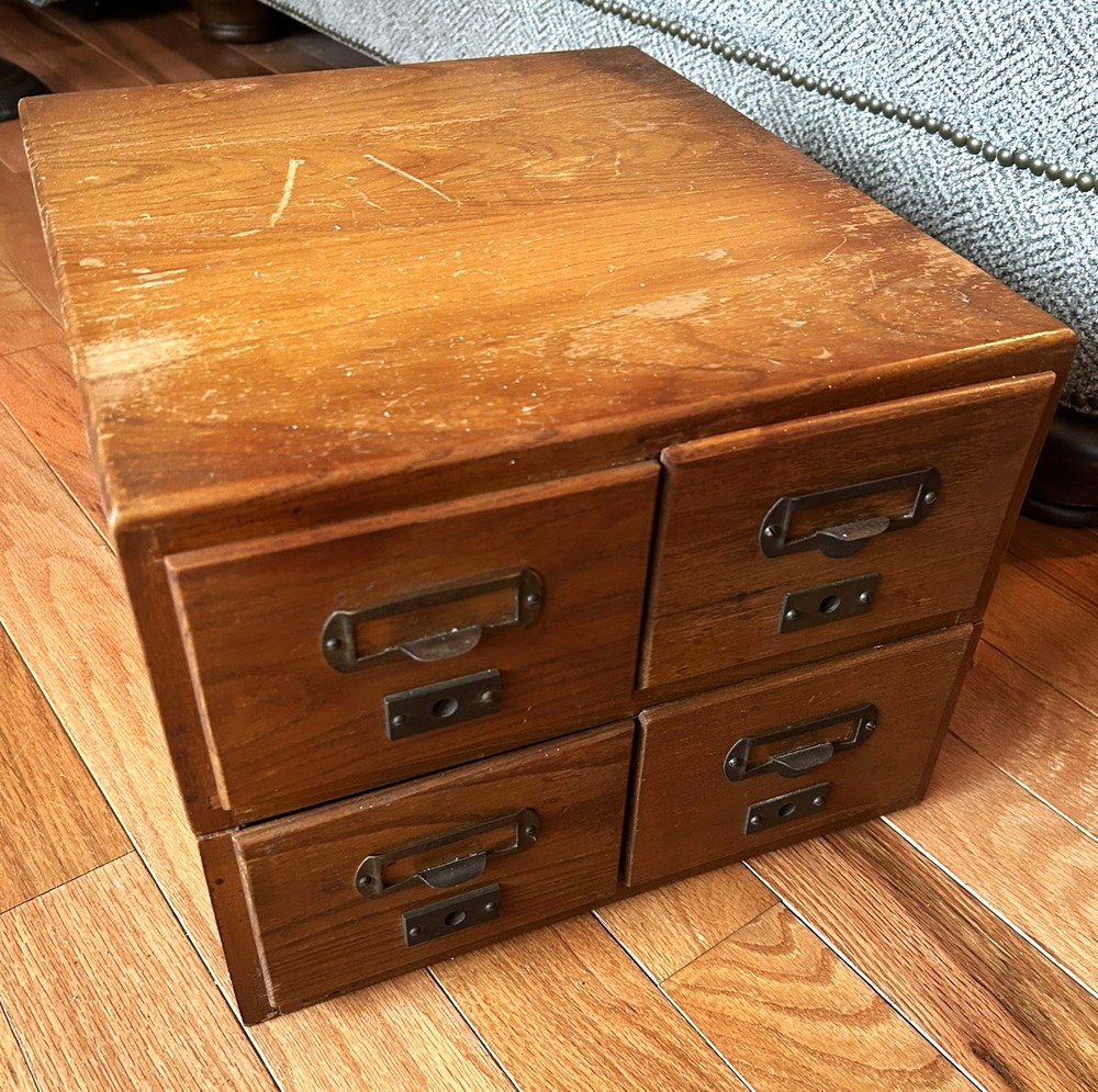 Antique Wooden 4 Drawers Library Index Card Catalog 2 Sections Stacked Tabletop