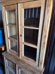 Farmhouse Irish Pine Hutch Cupboard 2 Pieces, Top 2 Doors 6-Glass Window Panes,