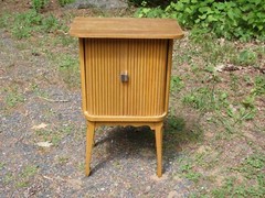 Vintage Mid Century Modern Blonde Tambour Door Cabinet Table Stand