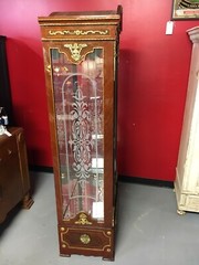 Ornate Burl Walnut French Style Display Cabinet With Brass Accents Glass Shelves