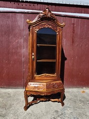 Antique Curio Bombay style Cabinet Carved Wood & Glass 3 Shelves