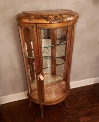 Antique Hand Painted Roses Wooden Curved Glass Curio Cabinet w/ Ormolu Trim