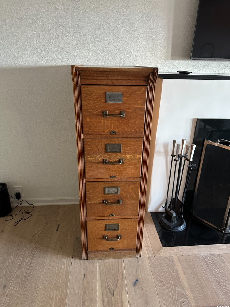 Antique American Tiger Oak Imperial Methods Co 4 Drawer Filing Cabinet 53″