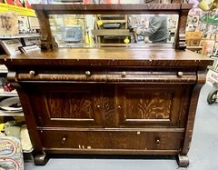 Antique Early 1900 Victorian Era Empire Style Tiger Oak Mission Sideboard Server