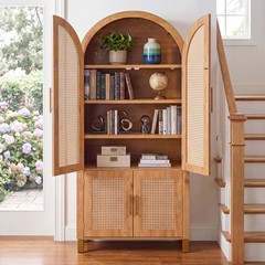 71″ Tall Rattan Cabinet, Arched Doors Adjustable Shelves, Farmhouse Oak
