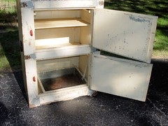 Tall Pine Three-Door Ice Box, Pantry. Old Mustard White Paint