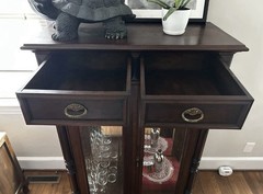 Antique Brown Wood Glass Display Cabinet with Drawers, Brass Handles, 56″ Tall