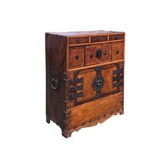 Asian Pattern Brown Black Hardware Drawers Accent Storage Cabinet GB319