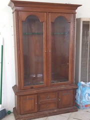 Brown Wood & Glass Freestanding GunCabinet w/ 2 Hinged Glass Front Doors, Knobs