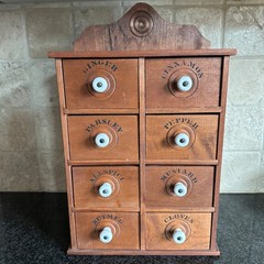 VTG Wooden 8 Drawer Spice Cabinet Box Cupboard Apothecary Hanging Labeled Names
