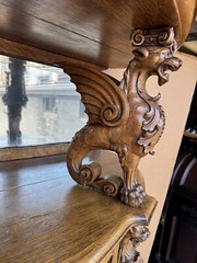 R. J. HORNER WINGED GRIFFIN HOODED BOWED GLASS OAK CHINA CABINET