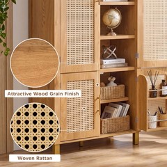 71″ Tall Rattan Cabinet, Arched Doors Adjustable Shelves, Farmhouse Oak