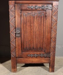 50″ Tall Pair of Vintage French Solid Oak Wood Highly Carved Gothic Cabinets