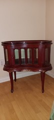 Vtg Bean Shaped Bar Liquor Curio Cabinet Table w Beveled Glass and Butler Tray
