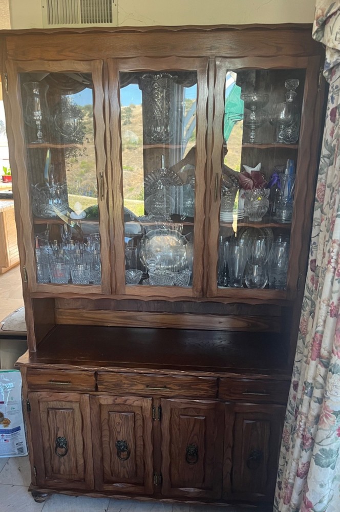 Antique DARK BROWN HARDWOOD China Cabinet w/ Glass Doors Drawers Storage VINTAGE