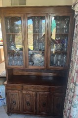 Antique DARK BROWN HARDWOOD China Cabinet w/ Glass Doors Drawers Storage VINTAGE