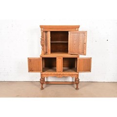 Antique English Jacobean Carved Oak and Burl Wood Bar Cabinet, Circa 1920s
