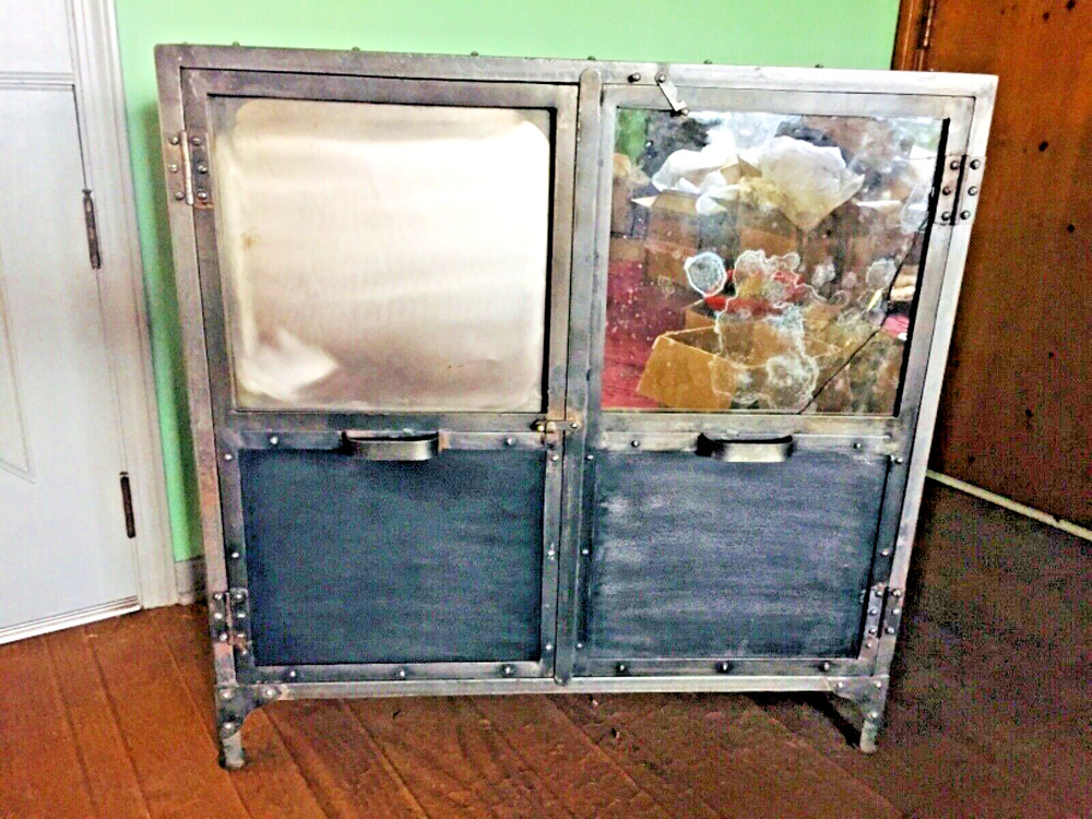 antique vintage industrial metal cabinet shelf workshop record storage iron