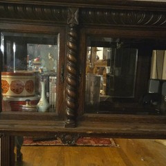 Antique 1920s Dark Brown Wood Glass Door Display Cabinet w/ Carvings 54x16x40