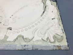 One Decorative Salvaged 18″ SQ. Shabby Diamond Ceiling Tin Panel Old 1769-23B