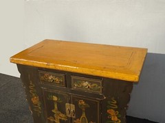 Antique Hand Painted Asian Chinoiserie Altar Cabinet Side Table