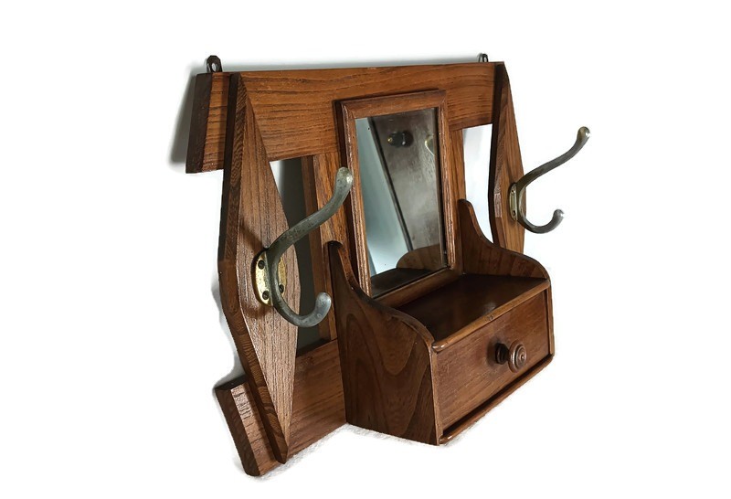 vintage wall hanging cabinet shaving medicine mirror carved wood hooks