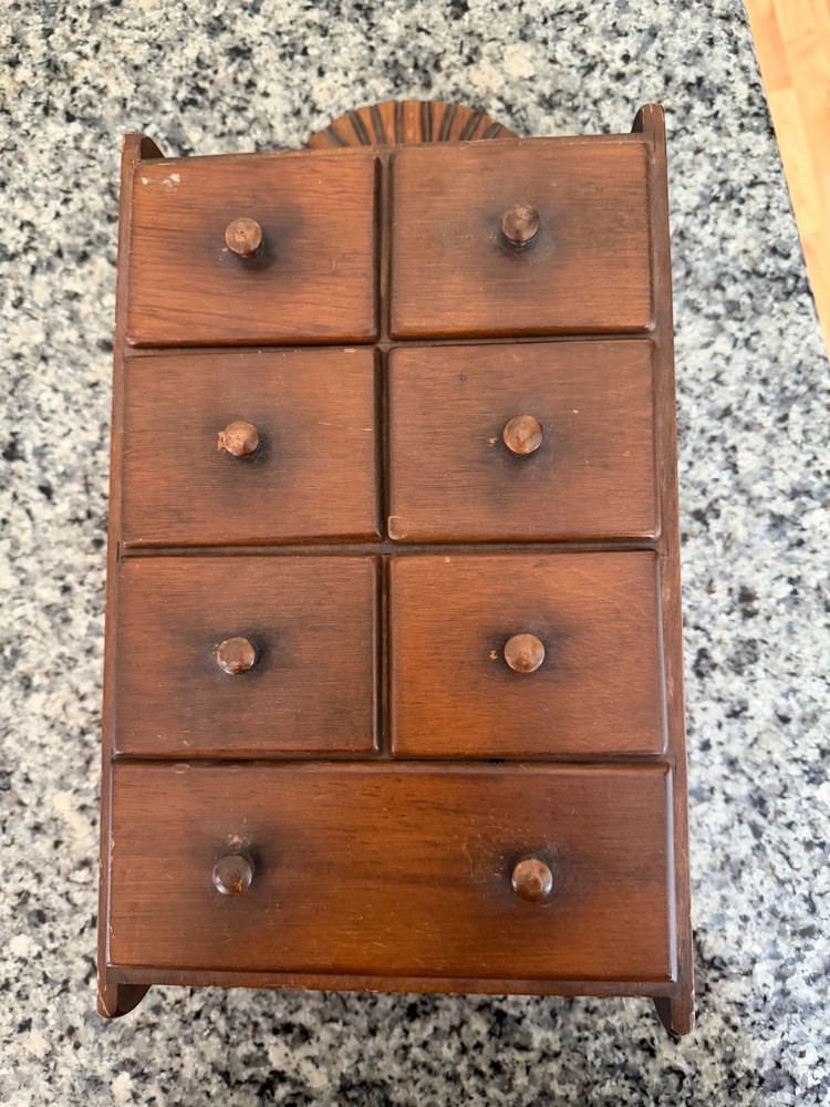 Vintage Wall Hanging Sunburst 7 Drawer Spice Cabinet Wood Knobs