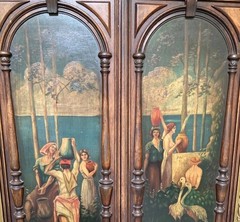 Antique Renaissance Revival Cabinet Arched Painted Panels Landscape Nude Lady