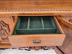 Magnificent 1900s French Quarter Sawn Oak Buffet – Medieval & Scholarly Carvings