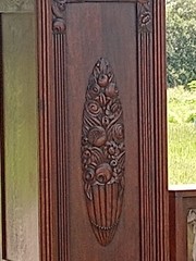 Antique Wood Cabinet with Carved Glass Doors, Drawers, 75.5″ x 66″ x 17.5″