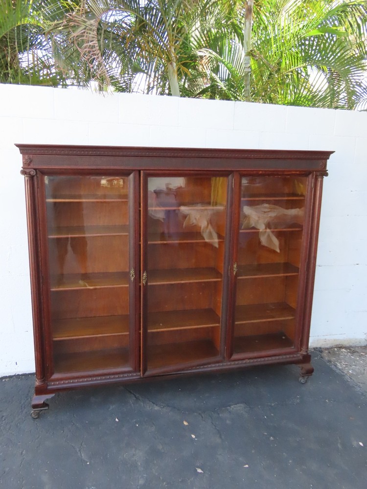 Early 1900s Tiger Oak Long Large China Cabinet Bookcase Cupboard 6583