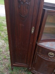 Antique Wood Cabinet with Carved Glass Doors, Drawers, 75.5″ x 66″ x 17.5″