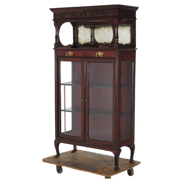 Antique Mahogany Two-Door & Two-Drawer Mirrored China Cabinet C1910