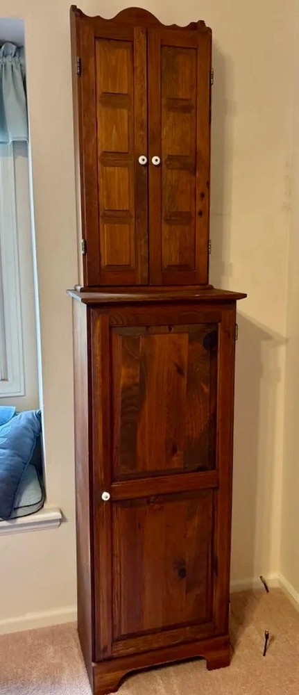 1970s-90s Dark Pine Wood, Jelly Cupboard & Tie Valet, 83″ Tall