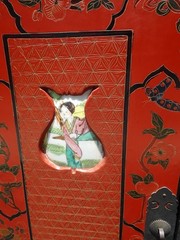 Vintage Chinese Asian Red Lacquer Storage Cabinet w Stone Decorative Inlay