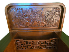 George Zee Style Mid-Century Asian Heavily Hand Carved Flip Top Dry Bar Cabinet