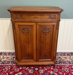 Antique French Double Door Cabinet Cupboard Carved Honey Oak Drawer early 20th